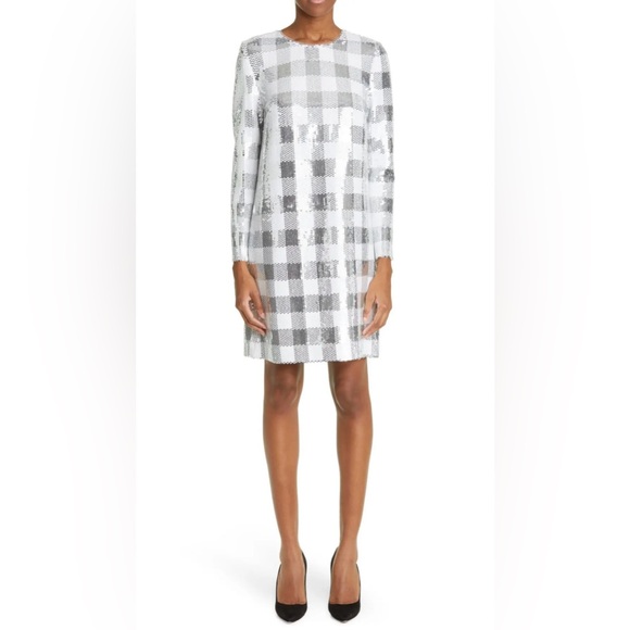 CAROLINA HERRERA Sequin Gingham Check Minidress w Long Sleeves - size 12 - NWT - Picture 3 of 15